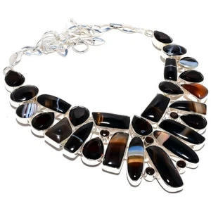 Natural Botswana Banded Agate, Garnet Gemstone 925 Silver Necklace L112 - Picture 1 of 6