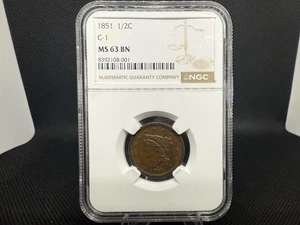 1851 C-1 NGC MS 63 BN Braided Hair Half Cent Coin 1/2c - Picture 1 of 2
