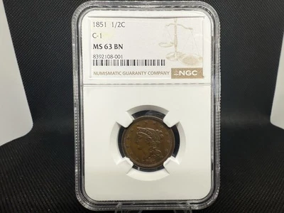 1851 C-1 NGC MS 63 BN Braided Hair Half Cent Coin 1/2c - Image 1 of 2