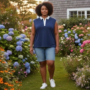 Torrid Belle Isle Navy Yachtcore Blue Sleeveless Polo Shirt White Collar Size 2 - Picture 1 of 8