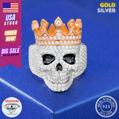 Moissanite Crown Skull Ring 925 Sterling Silver Men's Iced Out Hip Hop Gift New - Image 1 of 4