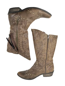 Winchester Cowboy Boots Brown Womens Size 7.5 Coconuts Zip Close Stitching Studs - Picture 1 of 15