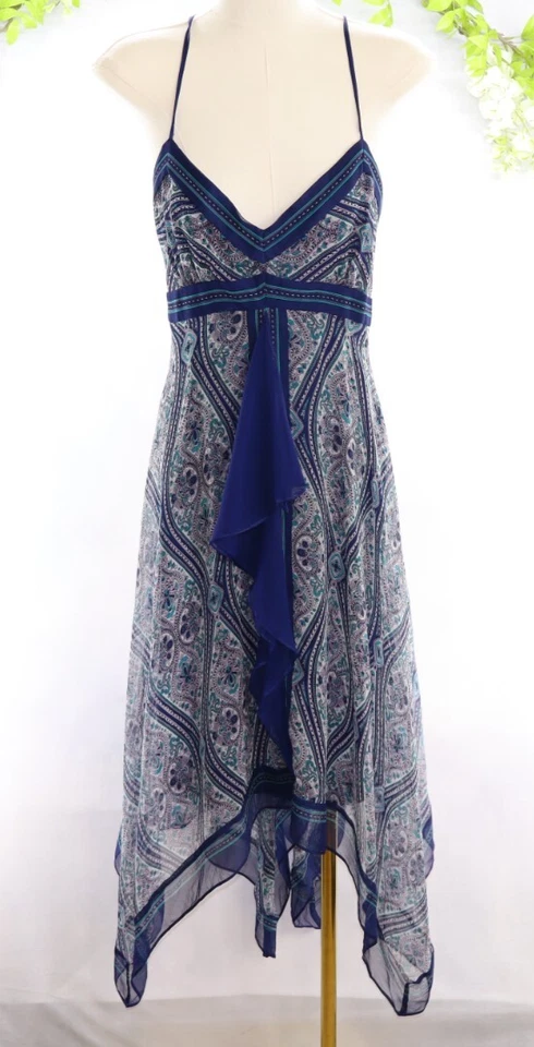 Nicole Miller Women's Sz 14 Silk Blue Handkerchief Dress Asymmetric Midi Fairy - Image 1 of 4