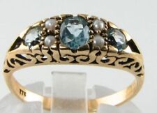 9K 9CT GOLD BLUE TOPAZ& SEED PEARL VICTORIAN INSP BOAT BAND RING FREE RESIZE