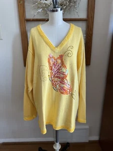 The Quacker Factory Sweater XL Yellow Beaded Sequin Butterfly Pullover Ramie/Cot - Picture 1 of 15