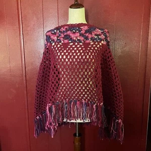 Vintage Handmade crochet Burgundy tassel shawl ponch cape - Picture 1 of 5