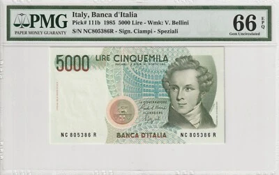 Italy 1985 5000 Lire PMG Certified Banknote UNC 66 EPQ Pick 111b - Image 1 of 2