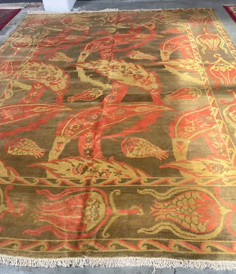 Alfombra de lana naranja y amarilla tejida a mano única Foto 1 de 4