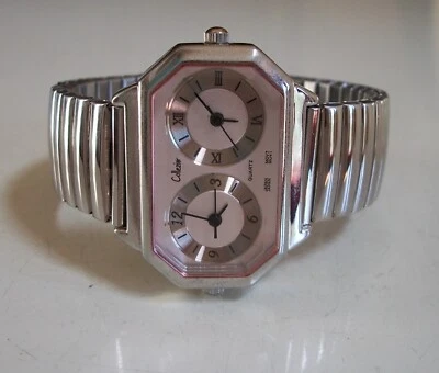 Women's stretch band silver finish dual time(2 time zone) fashion casual  watch - Image 1 of 4