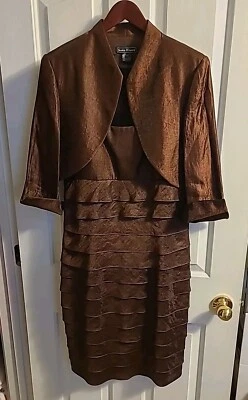 Vestido de cóctel Jessica Howard 2 piezas satinado con volantes marrón forrado para mujer talla 14 Foto 1 de 4