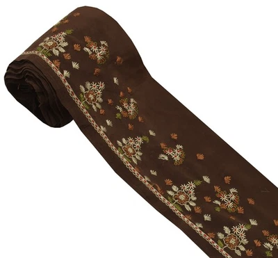 Sushila Vintage Brown Saree Border Indian Craft Sewing Trim Embroidered Lace Foto 1 de 4