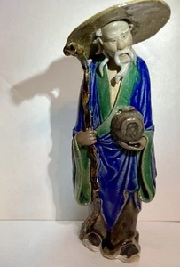 Antique Chinese Mud Man Wise Man W Staff Jar Handmade Clay Folk Art Immortal - Picture 1 of 12