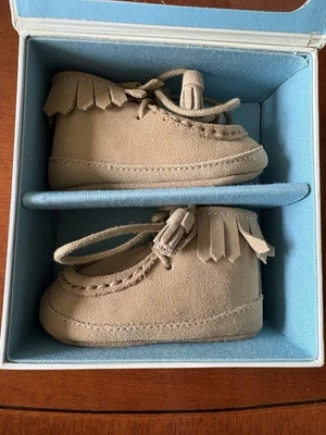 VTG Ralph Lauren Layette Boxed Baby Moccasins Crib Shoes Size 2 Buck Suede Tan - Image 1 of 4