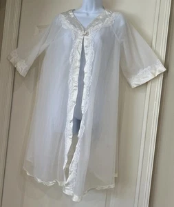Vintage 1950's Chiffon Lingerie Peignoir Sheer White Babydoll Floral Lace Sz M - Picture 1 of 11