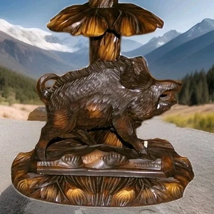 Antique Folk Art Rhon Sepp Carved Wood Boar & Deer Germany Lamps Black Forest - Picture 1 of 10