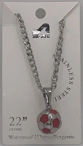 Surf Stil Kette Halskette Edelstahl rot silber Sockenball Anhänger 22" - Bild 1 von 2