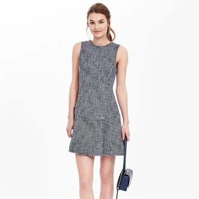 Vestido BANANA REPUBLIC Blanco Negro Azul Tweed Sin Mangas Ajuste y Acampanado | Talla 12 Foto 1 de 4