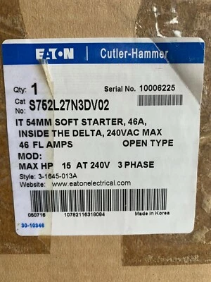 EATON CUTLER HAMMER EATON soft start Cutler Hammer S752L27N3DV02 Motor Starter 46A (15HP) 240v NEW