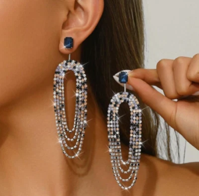 Pageant Prom Chandelier Earrings Multicolor Blue Dangle Rhinestones Silver Tone - Image 1 of 4