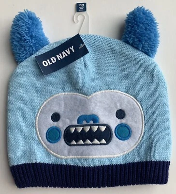 NUEVO CON ETIQUETAS - Antiguo sombrero de invierno para bebé tejido monstruo azul marino talla 12-24 meses Foto 1 de 4