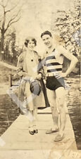 Antique Vtg Photo Pretty Lady & Handsome Young Man In Striped Swimsuit 1930s Gay