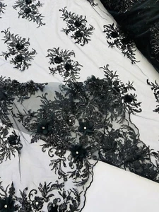 3D Chiffon Floral Design Embroider Beaded Mesh Lace Sold By Yard. - Picture 1 of 4