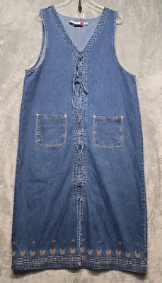 Vintage J.L. Vestido vaquero de mezclilla para mujer N.Y. 1X bordado cabaña con cordones maxi Foto 1 de 4
