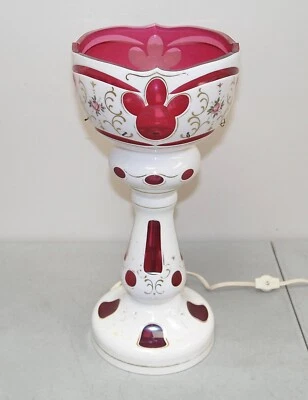 Vtg 1940s OVERLAY & ENAMELLED GLASS "Luster Lamp" made in GERMANY CZECHOSLOVAKIA - Image 1 of 4