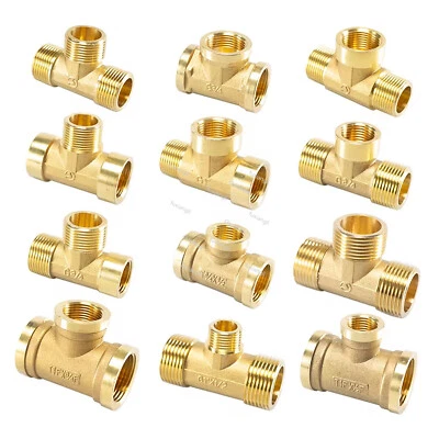 Brass Pipe Fitting BSP 1/2" 3/4" Male/Female Thread Tee Connector Joiner Adapter - Image 1 of 4