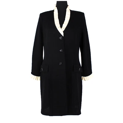 St. John Santana Knit Dress Black Ivory Ruffle Trim Rhinestone Button Size 6 - Image 1 of 4