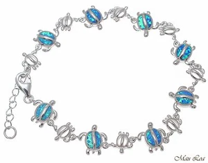 925 Sterling Silver Rhodium Hawaiian Sea Turtle Honu Blue Opal Bracelet 7"+ - Picture 1 of 3