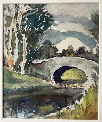 Pintura acuarela firmada puente arqueado John Dull (Filadelfia 1859-1949) Foto 1 de 4