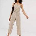 Asos 6 Tan Check Strappy Ankle Wide Leg Jumpsuit Lace-up Tie Front