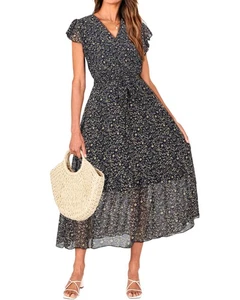 Women Summer Bohemian Floral Casual Wrap V Neck Ruffle Cap Sleeveless Belt A-... - Picture 1 of 6