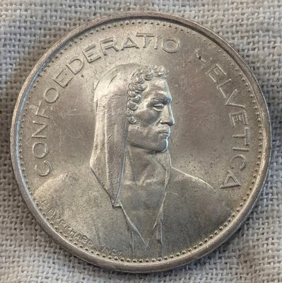 1966 Switzerland 5 Francs UNC BU : The Herdsman, Lower Mintage 9M - .835 Silver  - Image 1 of 4