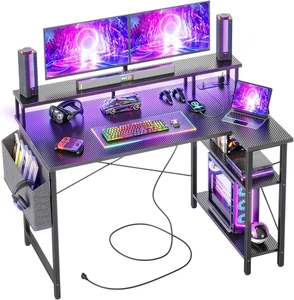 L Shaped Gaming Desk with Power Outlets & LED Lights, 120Cm Computer Corner Desk - Picture 1 of 12