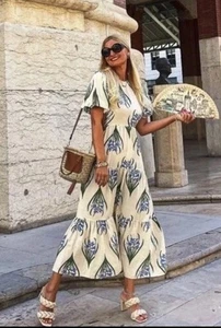 ZARA LONG LINEN BLEND PRINTED DRESS Small 3198/244 ECRU - Picture 1 of 5