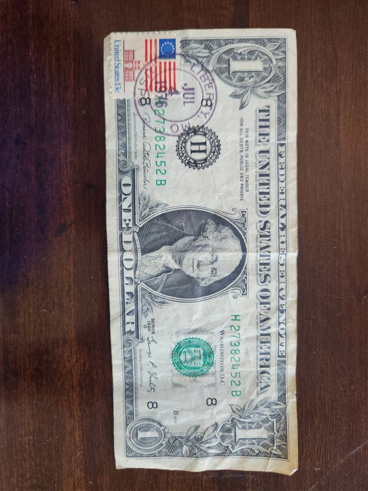ONE H Series, Stamped JULY 4,  1976!! $1 Dollar Bill First Day Issue, Stamped, - Image 1 of 2
