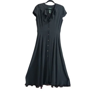 LAUREN RALPH LAUREN 100% Silk Maxi Dress Women’s 12 Black Button Up Ruffled Cap - Picture 1 of 7