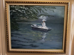 Pintura al óleo vintage de Marge Shaheen mujer en el estanque ESTILO MONET 23x27 - Imagen 1 de 12