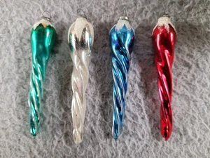 4 Vintage Spiral Icicle Glass Ornaments Japan Green Silver Blue Red - Picture 1 of 11
