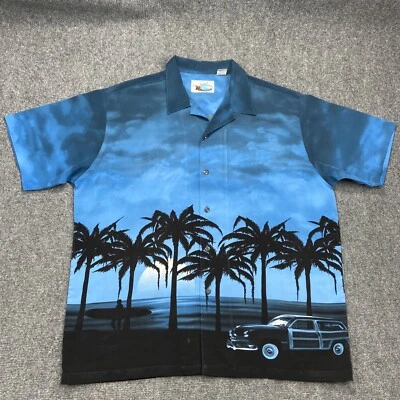 Ocean Current Shirt Mens Large Blue Woodie Car Beach Palm Trees Short Sleeve - Image 1 of 4