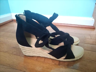 Black Wedge Sandal Espadrille Zipper Closure Open Toe Ankle Strap Shoe Size 8.5 - Image 1 of 4