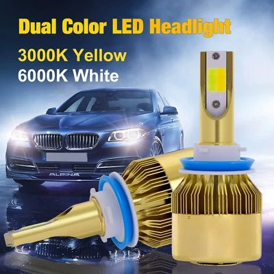 H11 H9 H8 Dual Color LED Headlight Bulbs 3000/6000K 76W 9600LM Fog Bulb 2Pcs - Image 1 of 4