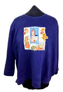 Bobbie Brooks Women's 2X Fall Sweatshirt Blue Pumpkins Leaves Cornucopia Vintage - Picture 1 of 12