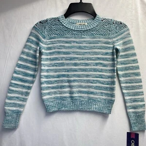 Cherokee Round Neck Long Sleeve Knit Sweater Girls S/P(6/6X) White/Green Stripes - Picture 1 of 18