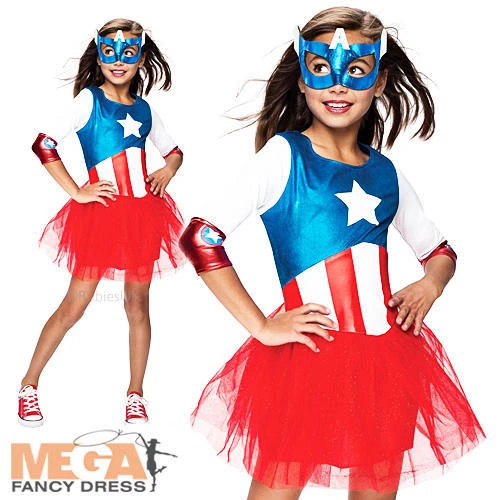 Captain America + Mask Girls Fancy Dress Marvel Superhero Kids Childs Costume - Image 1 of 1