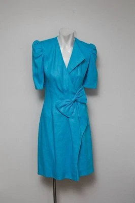 BEAUTIFUL WOMEN'S CUSTOM MADE TURQUOISE LINEN DRESS WITH LARGE BOW- SIZE 4-NICE! - Image 1 of 4