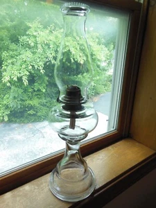 VTG CLEAR GLASS OIL KEROSENE LAMP W/ BURNER, CHIMNEY, WICK W/ ADVERTISING #3PF - Picture 1 of 12