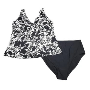Kathy Ireland 2 Piece Swimsuit Printed Tankini Top w Briefs X-Large Size Black - Picture 1 of 9